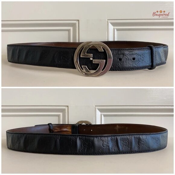 Auth Gucci Black Guccissima Leather Silver Interlocking G Buckle Belt 100/40 - Picture 5 of 13